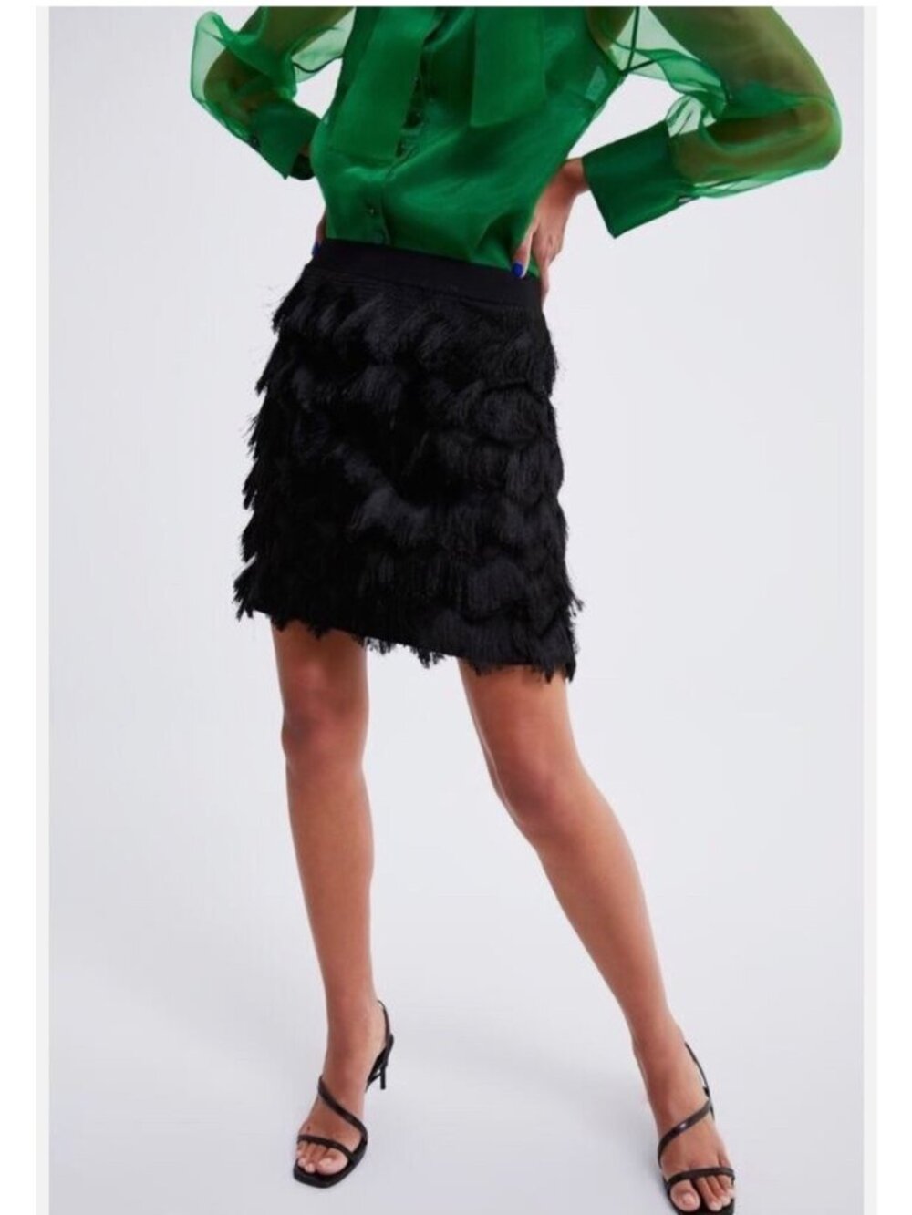 Zara Woman Knit Flapper Skirt Black Fringe Tiered Boho Party Sz M. T